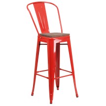 Flash Furniture CH-31320-30GB-RED-WD-GG 30&quot; Red Metal Barstool with Back and Wood Seat