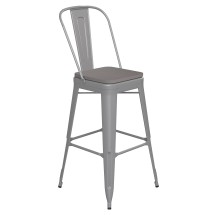 Flash Furniture CH-31320-30GB-SIL-PL2G-GG 30" Silver Metal Indoor/Outdoor Bar Height Stool with Removable Back and Gray All-Weather Poly Resin Seat
