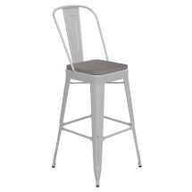 Flash Furniture CH-31320-30GB-WH-PL2G-GG 30&quot; White Metal Indoor/Outdoor Bar Height Stool with Removable Back and Gray All-Weather Poly Resin Seat