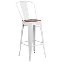 Flash Furniture CH-31320-30GB-WH-WD-GG 30&quot; White Metal Barstool with Back and Wood Seat