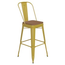 Flash Furniture CH-31320-30GB-YL-PL2T-GG 30" Yellow Metal Indoor/Outdoor Bar Height Stool with Removable Back and Teak All-Weather Poly Resin Seat
