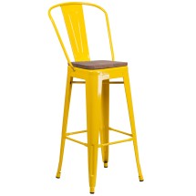 Flash Furniture CH-31320-30GB-YL-WD-GG 30" Yellow Metal Barstool with Back and Wood Seat