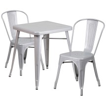 Flash Furniture CH-31330-2-30-SIL-GG 23.75" Square Silver Metal Indoor/Outdoor Table Set with 2 Stack Chairs