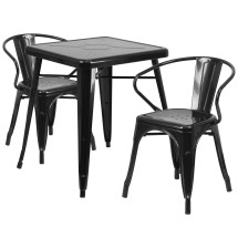 Flash Furniture CH-31330-2-70-BK-GG 23.75" Square Black Metal Indoor/Outdoor Table Set with 2 Arm Chairs