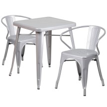 Flash Furniture CH-31330-2-70-SIL-GG 23.75" Square Silver Metal Indoor/Outdoor Table Set with 2 Arm Chairs