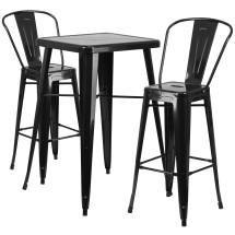 Flash Furniture CH-31330B-2-30GB-BK-GG 23.75" Square Black Metal Indoor/Outdoor Bar Table Set with 2 Stools with Backs