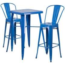 Flash Furniture CH-31330B-2-30GB-BL-GG23.75" Square Blue Metal Indoor/Outdoor Bar Table Set with 2 Stools with Backs