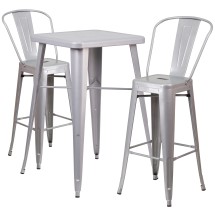 Flash Furniture CH-31330B-2-30GB-SIL-GG23.75" Square Silver Metal Indoor/Outdoor Bar Table Set with 2 Stools with Backs