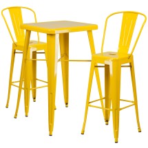 Flash Furniture CH-31330B-2-30GB-YL-GG23.75" Square Yellow Metal Indoor/Outdoor Bar Table Set with 2 Stools with Backs