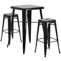 Flash Furniture CH-31330B-2-30SQ-BK-GG 23.75" Square Black Metal Indoor/Outdoor Bar Table Set with 2 Square Seat Backless Stools