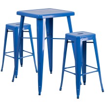 Flash Furniture CH-31330B-2-30SQ-BL-GG 23.75&quot; Square Blue Metal Indoor/Outdoor Bar Table Set with 2 Square Seat Backless Stools
