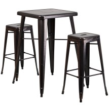 Flash Furniture CH-31330B-2-30SQ-BQ-GG 23.75" Square Black-Antique Gold Metal Indoor/Outdoor Bar Table Set with 2 Square Seat Backless Stools