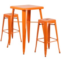 Flash Furniture CH-31330B-2-30SQ-OR-GG 23.75" Square Orange Metal Indoor/Outdoor Bar Table Set with 2 Square Seat Backless Stools