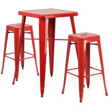 Flash Furniture CH-31330B-2-30SQ-RED-GG 23.75" Square Red Metal Indoor/Outdoor Bar Table Set with 2 Square Seat Backless Stools