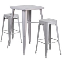 Flash Furniture CH-31330B-2-30SQ-SIL-GG 23.75" Square Silver Metal Indoor/Outdoor Bar Table Set with 2 Square Seat Backless Stools
