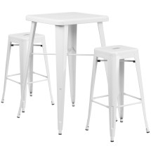 Flash Furniture CH-31330B-2-30SQ-WH-GG 23.75&quot; Square White Metal Indoor/Outdoor Bar Table Set with 2 Square Seat Backless Stools