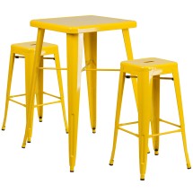 Flash Furniture CH-31330B-2-30SQ-YL-GG 23.75" Square Yellow Metal Indoor/Outdoor Bar Table Set with 2 Square Seat Backless Stools