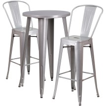 Flash Furniture CH-51080BH-2-30CAFE-SIL-GG 24" Round Silver Metal Indoor/Outdoor Bar Table Set with 2 Cafe Stools