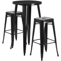 Flash Furniture CH-51080BH-2-30SQST-BK-GG 24" Round Black Metal Indoor/Outdoor Bar Table Set with 2 Square Seat Backless Stools