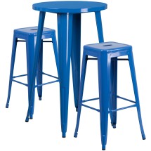 Flash Furniture CH-51080BH-2-30SQST-BL-GG 24" Round Blue Metal Indoor/Outdoor Bar Table Set with 2 Square Seat Backless Stools