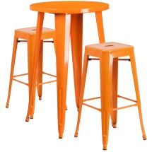 Flash Furniture CH-51080BH-2-30SQST-OR-GG 24" Round Orange Metal Indoor/Outdoor Bar Table Set with 2 Square Seat Backless Stools