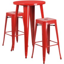 Flash Furniture CH-51080BH-2-30SQST-RED-GG 24" Round Red Metal Indoor/Outdoor Bar Table Set with 2 Square Seat Backless Stools
