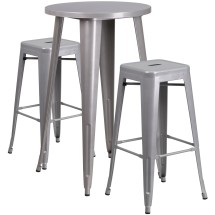 Flash Furniture CH-51080BH-2-30SQST-SIL-GG 24&quot; Round Silver Metal Indoor/Outdoor Bar Table Set with 2 Square Seat Backless Stools