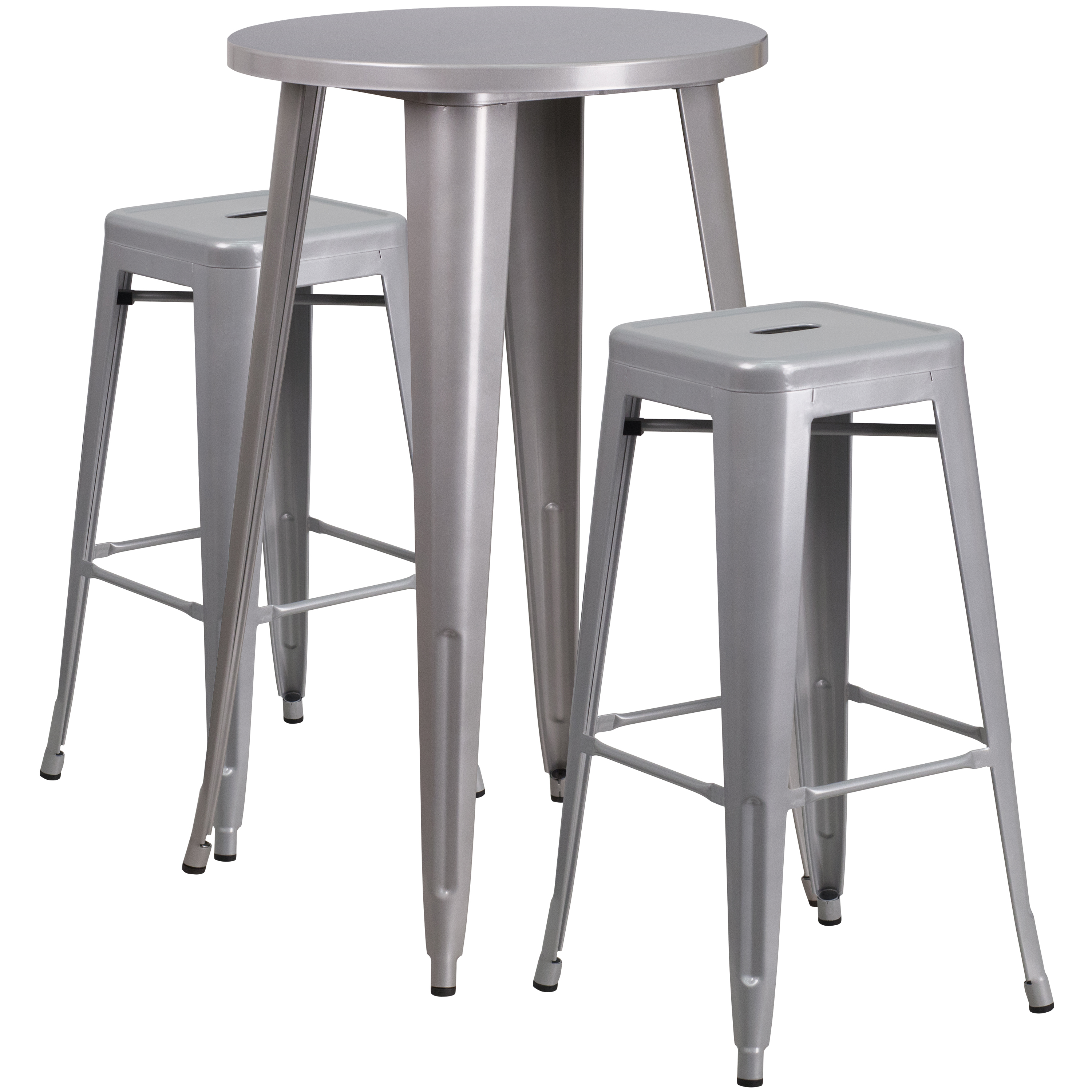 Flash Furniture CH-51080BH-2-30SQST-SIL-GG 24" Round Silver Metal Indoor/Outdoor Bar Table Set with 2 Square Seat Backless Stools
