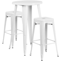 Flash Furniture CH-51080BH-2-30SQST-WH-GG 24&quot; Round White Metal Indoor/Outdoor Bar Table Set with 2 Square Seat Backless Stools