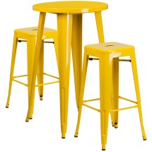 Flash Furniture CH-51080BH-2-30SQST-YL-GG 24" Round Yellow Metal Indoor/Outdoor Bar Table Set with 2 Square Seat Backless Stools