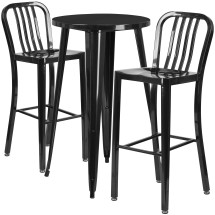 Flash Furniture CH-51080BH-2-30VRT-BK-GG 24&quot; Round Black Metal Indoor/Outdoor Bar Table Set with 2 Vertical Slat Back Stools