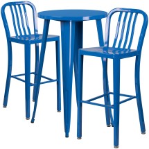 Flash Furniture CH-51080BH-2-30VRT-BL-GG 24&quot; Round Blue Metal Indoor/Outdoor Bar Table Set with 2 Vertical Slat Back Stools