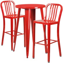 Flash Furniture CH-51080BH-2-30VRT-RED-GG 24" Round Red Metal Indoor/Outdoor Bar Table Set with 2 Vertical Slat Back Stools