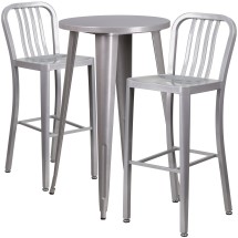 Flash Furniture CH-51080BH-2-30VRT-SIL-GG 24" Round Silver Metal Indoor/Outdoor Bar Table Set with 2 Vertical Slat Back Stools