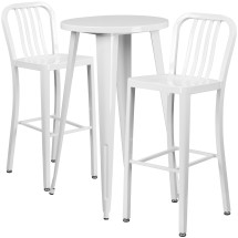 Flash Furniture CH-51080BH-2-30VRT-WH-GG 24" Round White Metal Indoor/Outdoor Bar Table Set with 2 Vertical Slat Back Stools