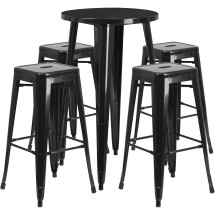 Flash Furniture CH-51080BH-4-30SQST-BK-GG 24" Round Black Metal Indoor/Outdoor Bar Table Set with 4 Square Seat Backless Stools