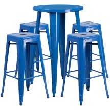 Flash Furniture CH-51080BH-4-30SQST-BL-GG 24&quot; Round Blue Metal Indoor/Outdoor Bar Table Set with 4 Square Seat Backless Stools