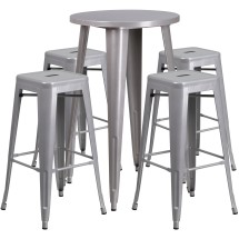 Flash Furniture CH-51080BH-4-30SQST-SIL-GG 24" Round Silver Metal Indoor/Outdoor Bar Table Set with 4 Square Seat Backless Stools