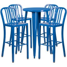 Flash Furniture CH-51080BH-4-30VRT-BL-GG 24" Round Blue Metal Indoor/Outdoor Bar Table Set with 4 Vertical Slat Back Stools