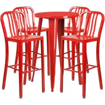 Flash Furniture CH-51080BH-4-30VRT-RED-GG 24&quot; Round Red Metal Indoor/Outdoor Bar Table Set with 4 Vertical Slat Back Stools