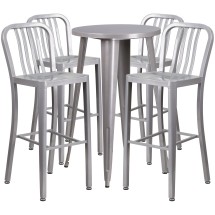 Flash Furniture CH-51080BH-4-30VRT-SIL-GG 24&quot; Round Silver Metal Indoor/Outdoor Bar Table Set with 4 Vertical Slat Back Stools