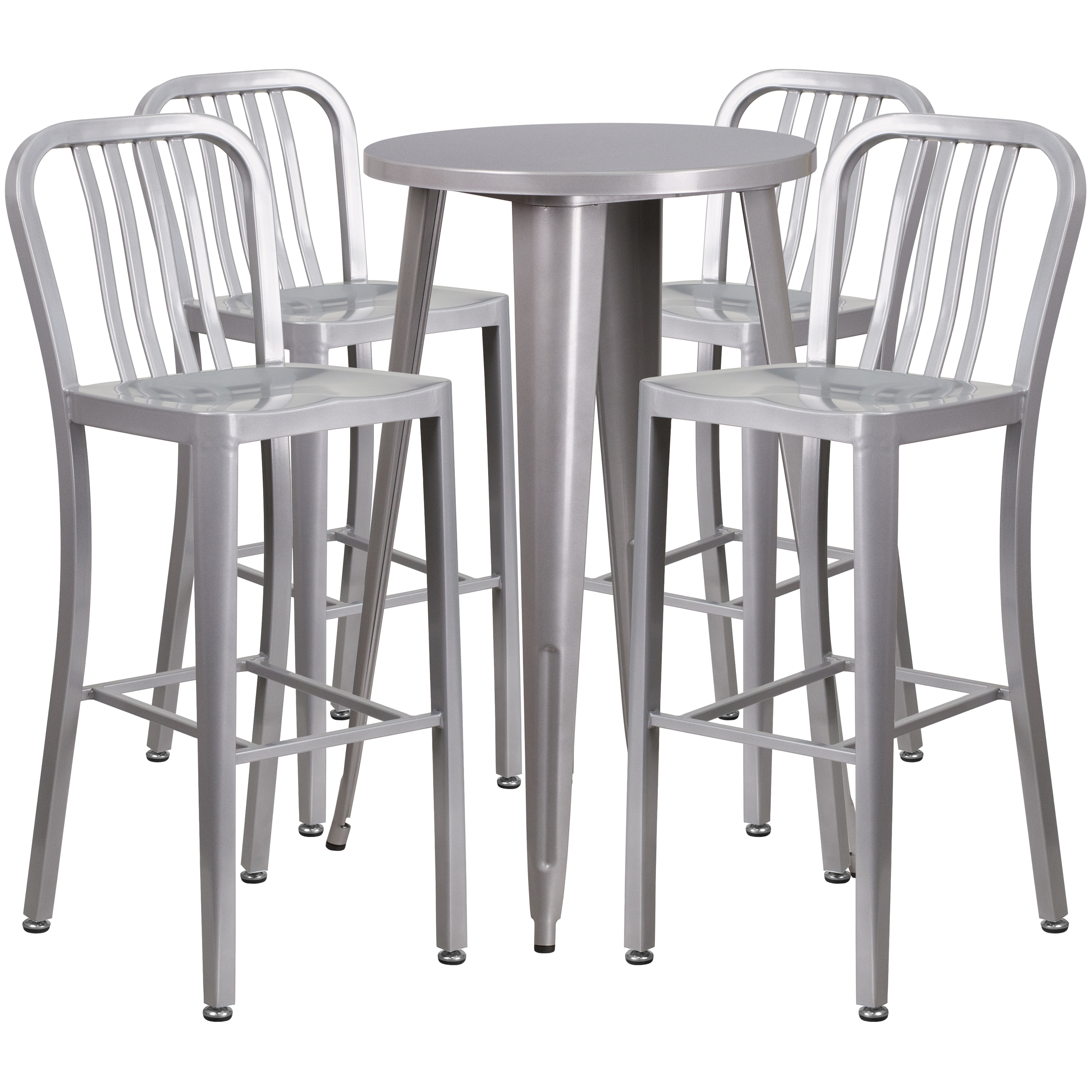 Flash Furniture CH-51080BH-4-30VRT-SIL-GG 24" Round Silver Metal Indoor/Outdoor Bar Table Set with 4 Vertical Slat Back Stools