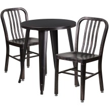 Flash Furniture CH-51080TH-2-18VRT-BQ-GG 24" Round Black-Antique Gold Metal Indoor/Outdoor Table Set with 2 Vertical Slat Back Chairs