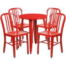 Flash Furniture CH-51080TH-4-18VRT-RED-GG 24&quot; Round Red Metal Indoor/Outdoor Table Set with 4 Vertical Slat Back Chairs