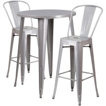 Flash Furniture CH-51090BH-2-30CAFE-SIL-GG 30" Round Silver Metal Indoor/Outdoor Bar Table Set with 2 Cafe Stools
