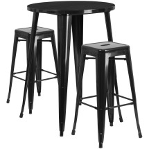 Flash Furniture CH-51090BH-2-30SQST-BK-GG 30" Round Black Metal Indoor/Outdoor Bar Table Set with 2 Square Seat Backless Stools