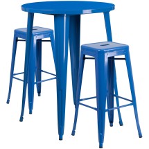 Flash Furniture CH-51090BH-2-30SQST-BL-GG 30&quot; Round Blue Metal Indoor/Outdoor Bar Table Set with 2 Square Seat Backless Stools