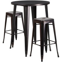 Flash Furniture CH-51090BH-2-30SQST-BQ-GG 30" Round Black-Antique Gold Metal Indoor/Outdoor Bar Table Set with 2 Square Seat Backless Stools