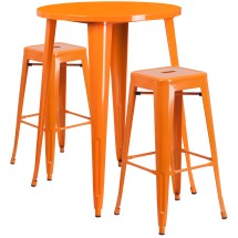Flash Furniture CH-51090BH-2-30SQST-OR-GG 30&quot; Round Orange Metal Indoor/Outdoor Bar Table Set with 2 Square Seat Backless Stools