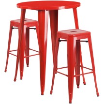 Flash Furniture CH-51090BH-2-30SQST-RED-GG 30" Round Red Metal Indoor/Outdoor Bar Table Set with 2 Square Seat Backless Stools